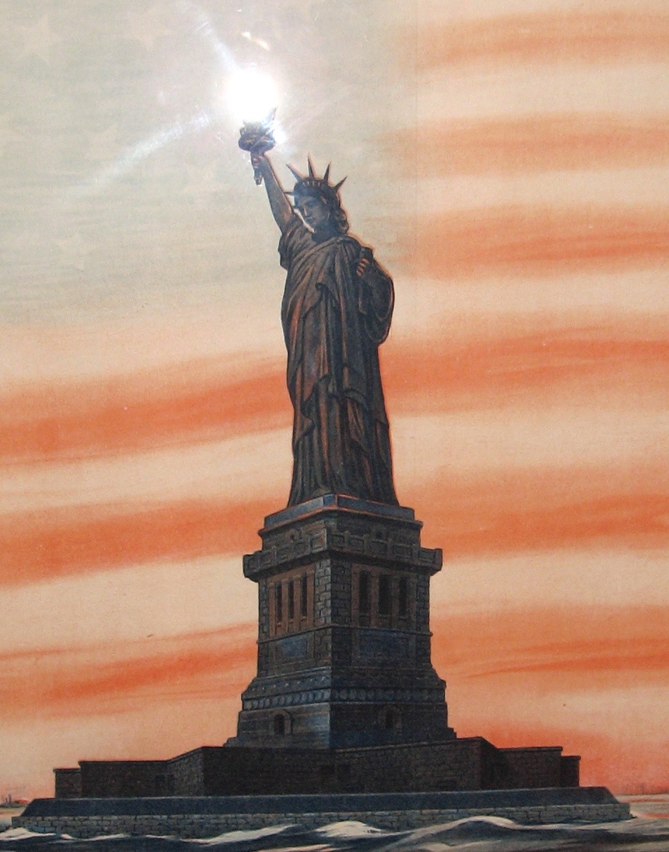 Flag behind the Statue of Liberty