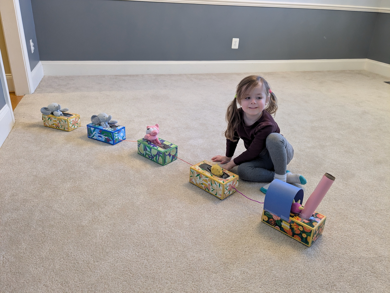 Emily's train loaded with soft friends